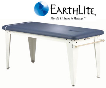 The Earthlite Esquire is a value-priced stationary chiropractic examination table with a powder coated steel frame, paper roll holder, plastic cutter,and standard face slot.